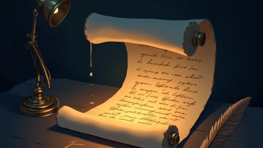 Long glowing scroll beside a desk lamp and terminal, representing long-form writing with a large context window