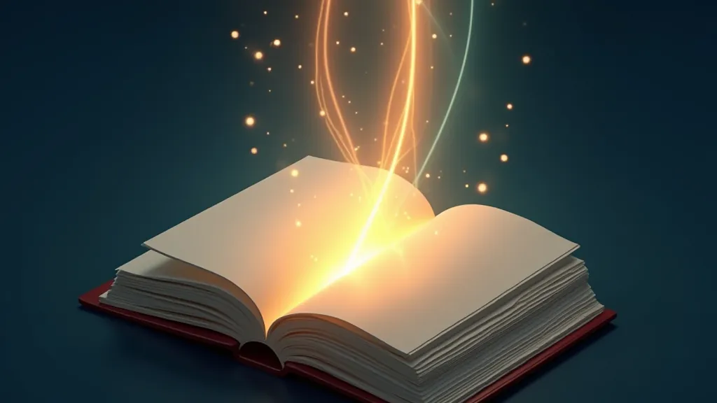 Open book with pages turning into glowing ribbons that flow into a terminal, representing API story generation